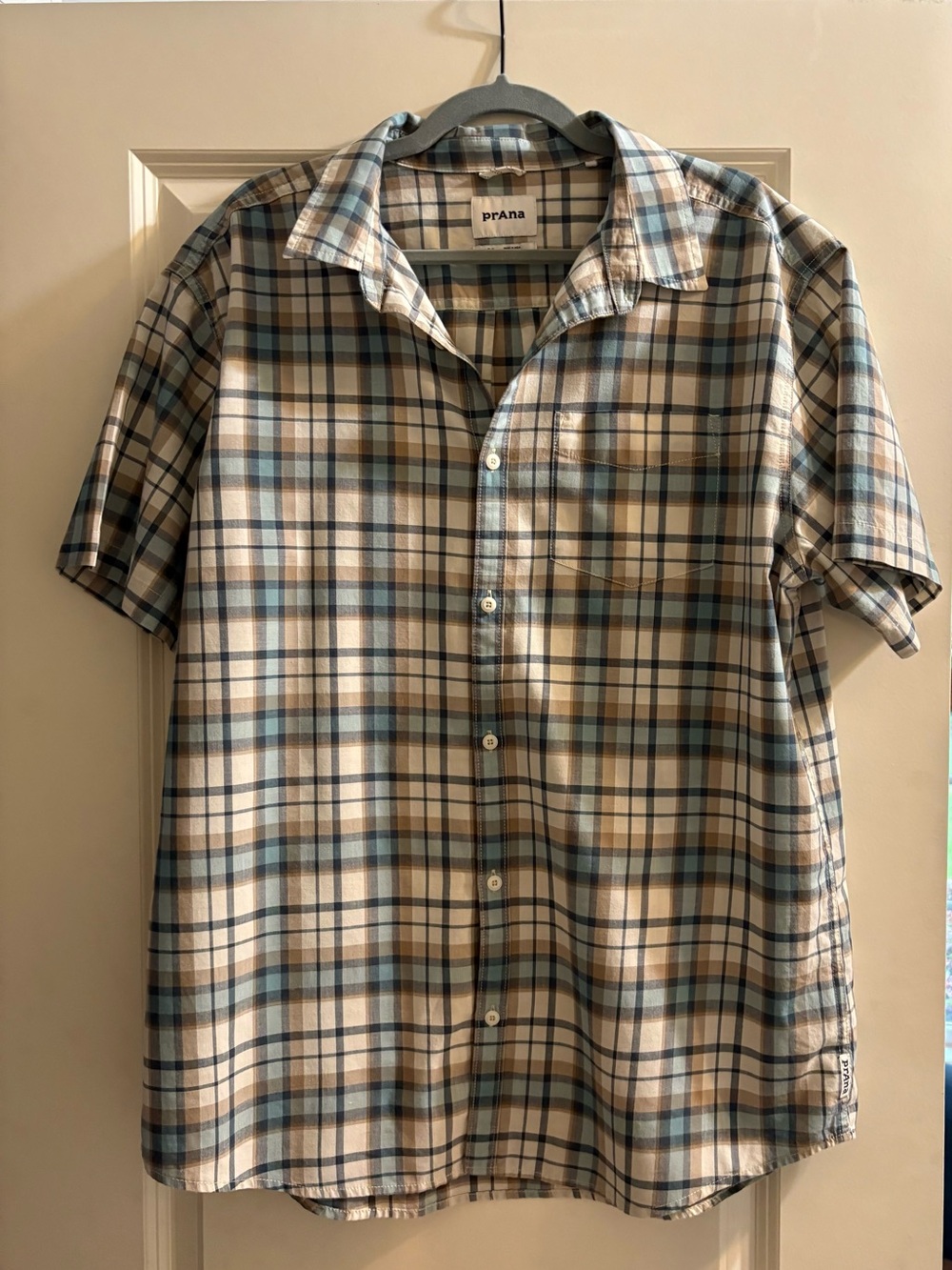 Prana Mens Shirt XLarge Blue
Plaid Button Down Short Sleeve Organic Cotton Blend